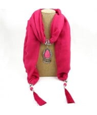 Stone Gem Water Drop Pendant Fashion Tassel Scarf Necklace - Rose