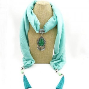 Stone Gem Water Drop Pendant Fashion Tassel Scarf Necklace - Light Blue