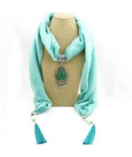 Stone Gem Water Drop Pendant Fashion Tassel Scarf Necklace - Light Blue