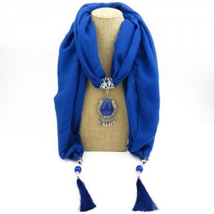 Stone Gem Water Drop Pendant Fashion Tassel Scarf Necklace - Royal Blue