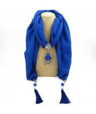 Stone Gem Water Drop Pendant Fashion Tassel Scarf Necklace - Royal Blue