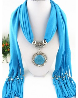 Round Stone Inlaid Ethnic Pendant Fashion Scarf Necklace - Blue