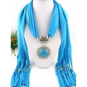 Round Stone Inlaid Ethnic Pendant Fashion Scarf Necklace - Blue