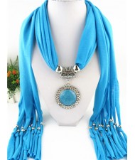 Round Stone Inlaid Ethnic Pendant Fashion Scarf Necklace - Blue