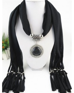 Round Stone Inlaid Ethnic Pendant Fashion Scarf Necklace - Black