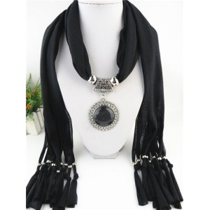 Round Stone Inlaid Ethnic Pendant Fashion Scarf Necklace - Black