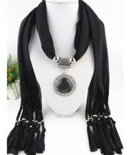 Round Stone Inlaid Ethnic Pendant Fashion Scarf Necklace - Black