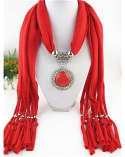 Round Stone Inlaid Ethnic Pendant Fashion Scarf Necklace - Red
