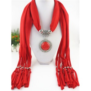 Round Stone Inlaid Ethnic Pendant Fashion Scarf Necklace - Red