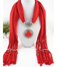 Round Stone Inlaid Ethnic Pendant Fashion Scarf Necklace - Red