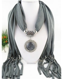 Round Stone Inlaid Ethnic Pendant Fashion Scarf Necklace - Gray