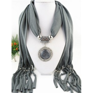 Round Stone Inlaid Ethnic Pendant Fashion Scarf Necklace - Gray