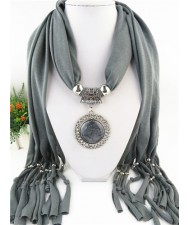 Round Stone Inlaid Ethnic Pendant Fashion Scarf Necklace - Gray