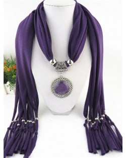 Round Stone Inlaid Ethnic Pendant Fashion Scarf Necklace - Purple