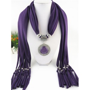 Round Stone Inlaid Ethnic Pendant Fashion Scarf Necklace - Purple