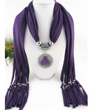 Round Stone Inlaid Ethnic Pendant Fashion Scarf Necklace - Purple