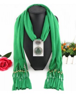 Round Stone Inlaid Ethnic Pendant Fashion Scarf Necklace - Green