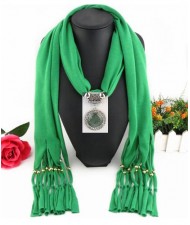 Round Stone Inlaid Ethnic Pendant Fashion Scarf Necklace - Green