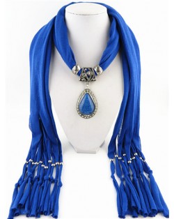 Waterdrop Shape Stone Gem Ethnic Pendant Fashion Scarf Necklace - Blue