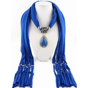 Waterdrop Shape Stone Gem Ethnic Pendant Fashion Scarf Necklace - Blue