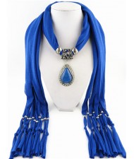 Waterdrop Shape Stone Gem Ethnic Pendant Fashion Scarf Necklace - Blue