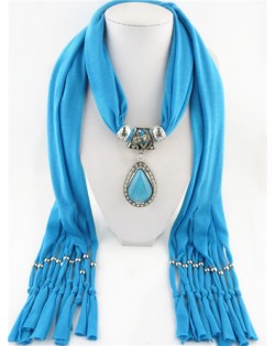 Waterdrop Shape Stone Gem Ethnic Pendant Fashion Scarf Necklace - Sky Blue