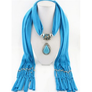 Waterdrop Shape Stone Gem Ethnic Pendant Fashion Scarf Necklace - Sky Blue