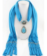 Waterdrop Shape Stone Gem Ethnic Pendant Fashion Scarf Necklace - Sky Blue