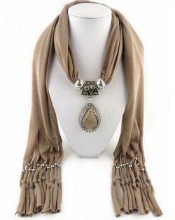 Waterdrop Shape Stone Gem Ethnic Pendant Fashion Scarf Necklace - Khaki