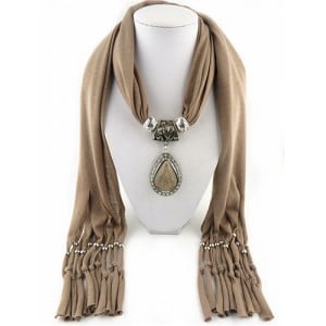 Waterdrop Shape Stone Gem Ethnic Pendant Fashion Scarf Necklace - Khaki