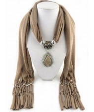 Waterdrop Shape Stone Gem Ethnic Pendant Fashion Scarf Necklace - Khaki