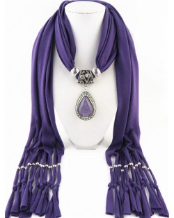 Waterdrop Shape Stone Gem Ethnic Pendant Fashion Scarf Necklace - Purple
