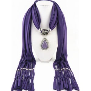 Waterdrop Shape Stone Gem Ethnic Pendant Fashion Scarf Necklace - Purple