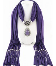 Waterdrop Shape Stone Gem Ethnic Pendant Fashion Scarf Necklace - Purple