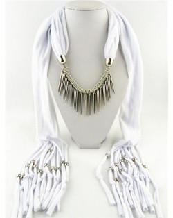 Punk Fashion Long Rivets Tassels Scarf Necklace - White