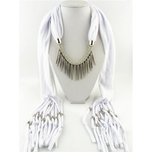 Punk Fashion Long Rivets Tassels Scarf Necklace - White