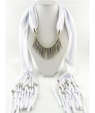 Punk Fashion Long Rivets Tassels Scarf Necklace - White