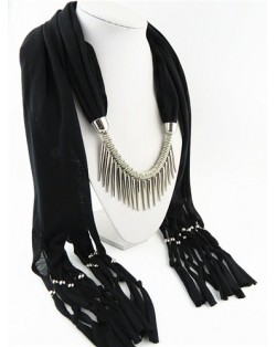 Punk Fashion Long Rivets Tassels Scarf Necklace - Black