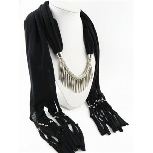 Punk Fashion Long Rivets Tassels Scarf Necklace - Black