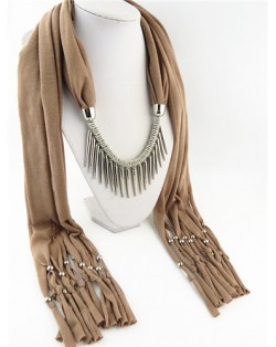 Punk Fashion Long Rivets Tassels Scarf Necklace - Brown