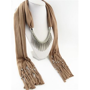 Punk Fashion Long Rivets Tassels Scarf Necklace - Brown