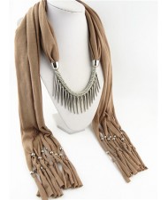 Punk Fashion Long Rivets Tassels Scarf Necklace - Brown