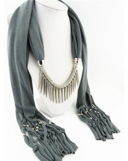 Punk Fashion Long Rivets Tassels Scarf Necklace - Gray