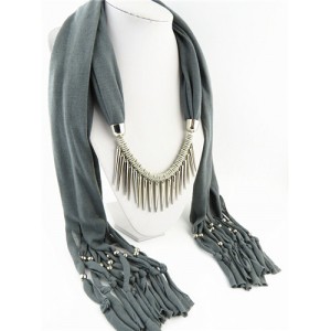 Punk Fashion Long Rivets Tassels Scarf Necklace - Gray