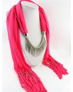 Punk Fashion Long Rivets Tassels Scarf Necklace - Pink