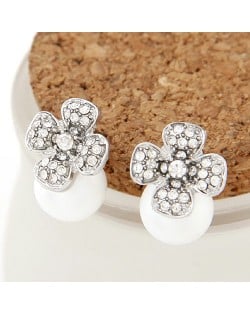 Sweet Rhinestone Embellished Four-leaf Clover Attached Pearl Ear Studs