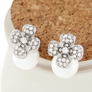 Sweet Rhinestone Embellished Four-leaf Clover Attached Pearl Ear Studs