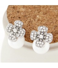 Sweet Rhinestone Embellished Four-leaf Clover Attached Pearl Ear Studs