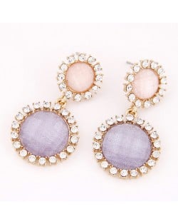 Korean Plain Color Fashion Czech Rhinestone Rimmed Round Flowers Earrings - Violet