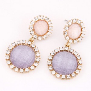 Korean Plain Color Fashion Czech Rhinestone Rimmed Round Flowers Earrings - Violet